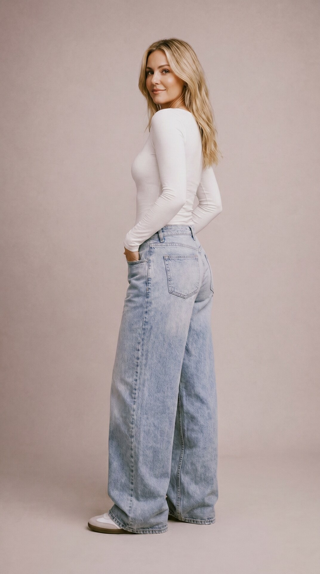 White Long Sleeve Denim Back Pose