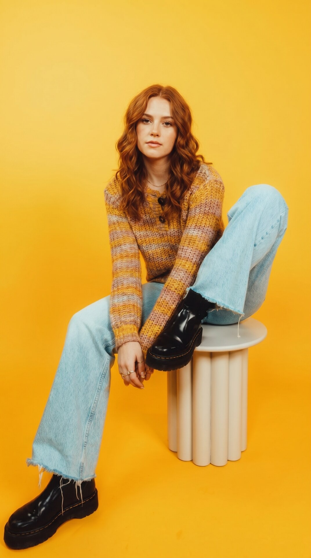 Yellow Studio Plaid Sweater Pose