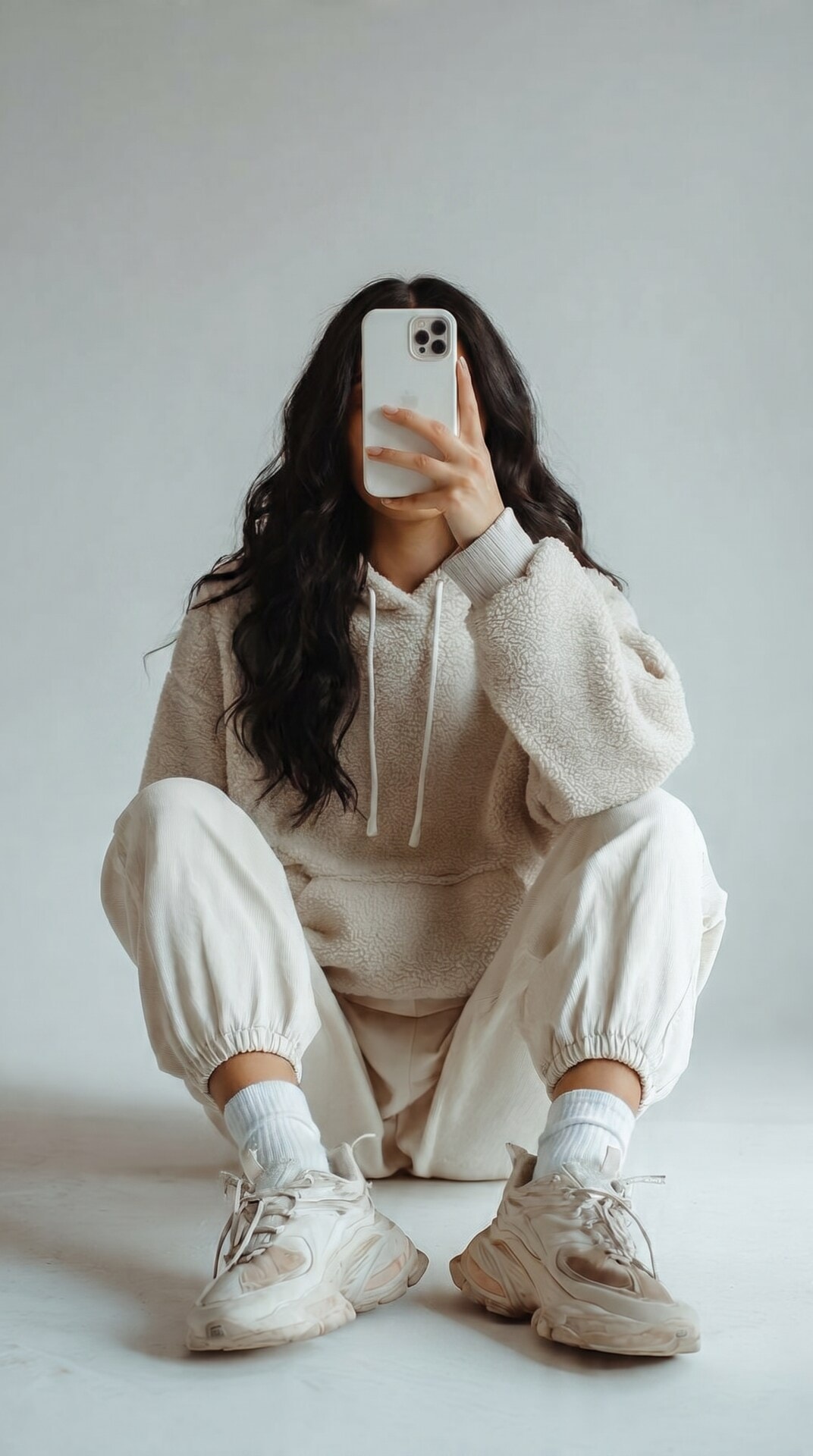 Cream Hoodie Squat Portrait