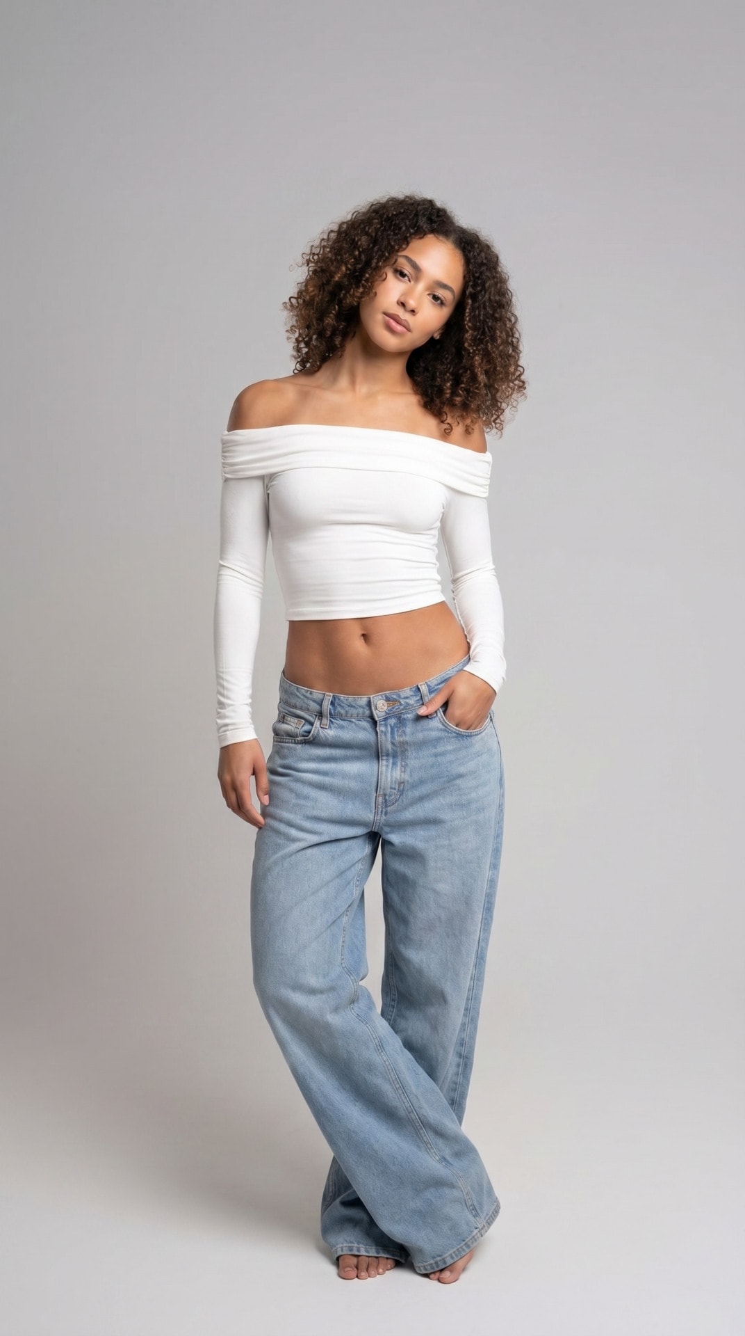 Off Shoulder White Top Baggy Denim