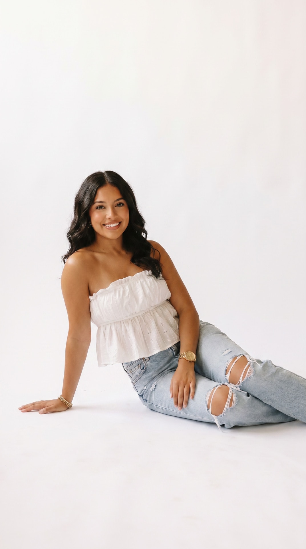 Strapless White Top Ripped Denim Sit