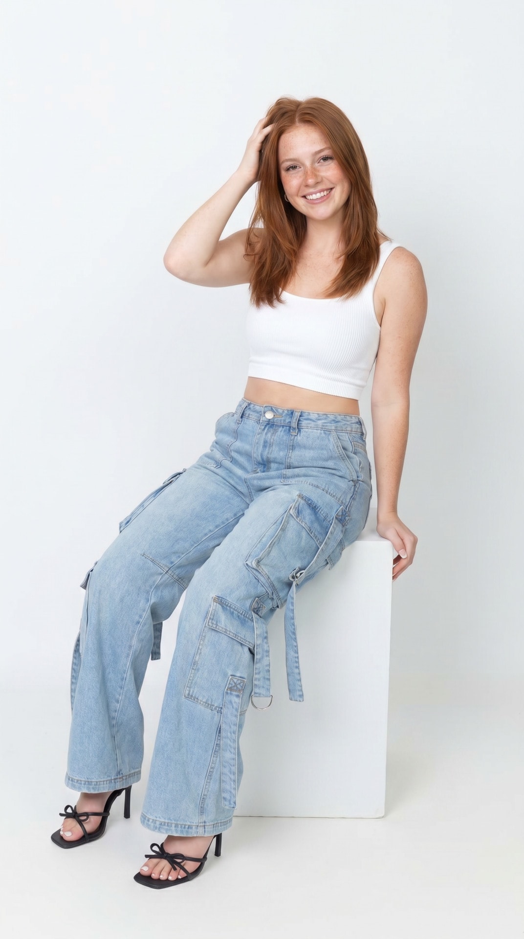 White Crop Denim Cube Sit