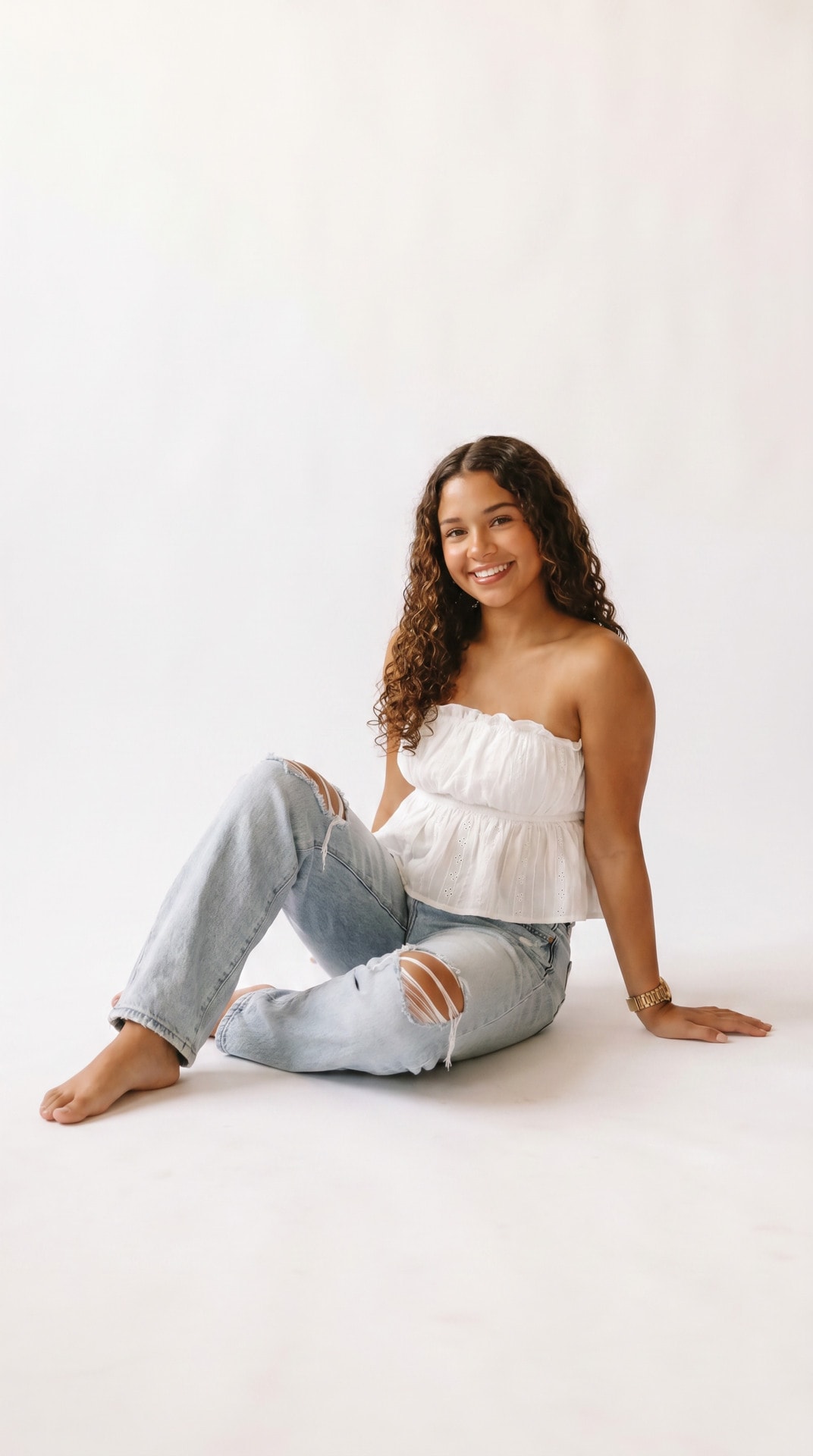 White Strapless Top Ripped Denim Floor
