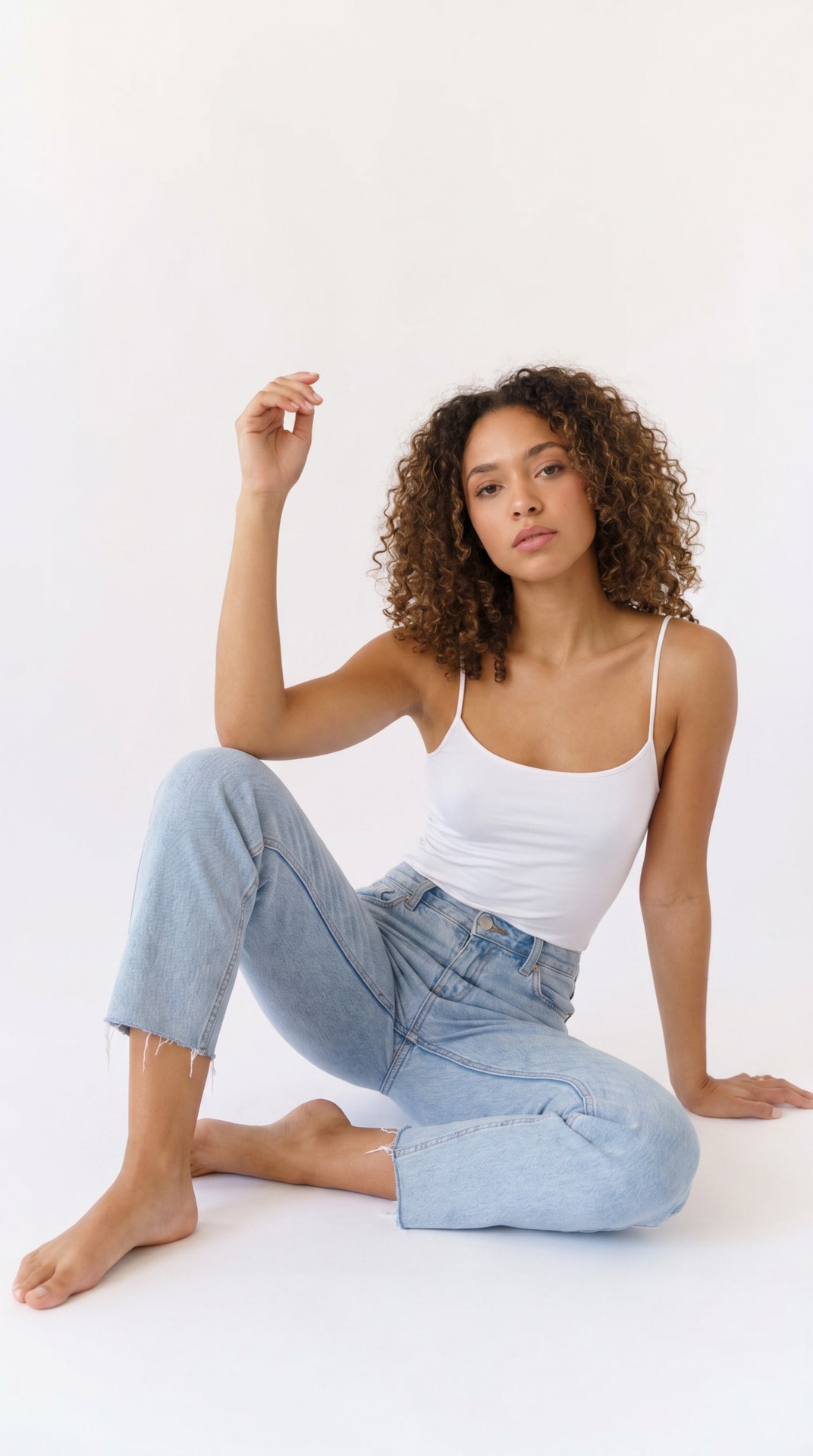 White Tank Denim Floor Pose