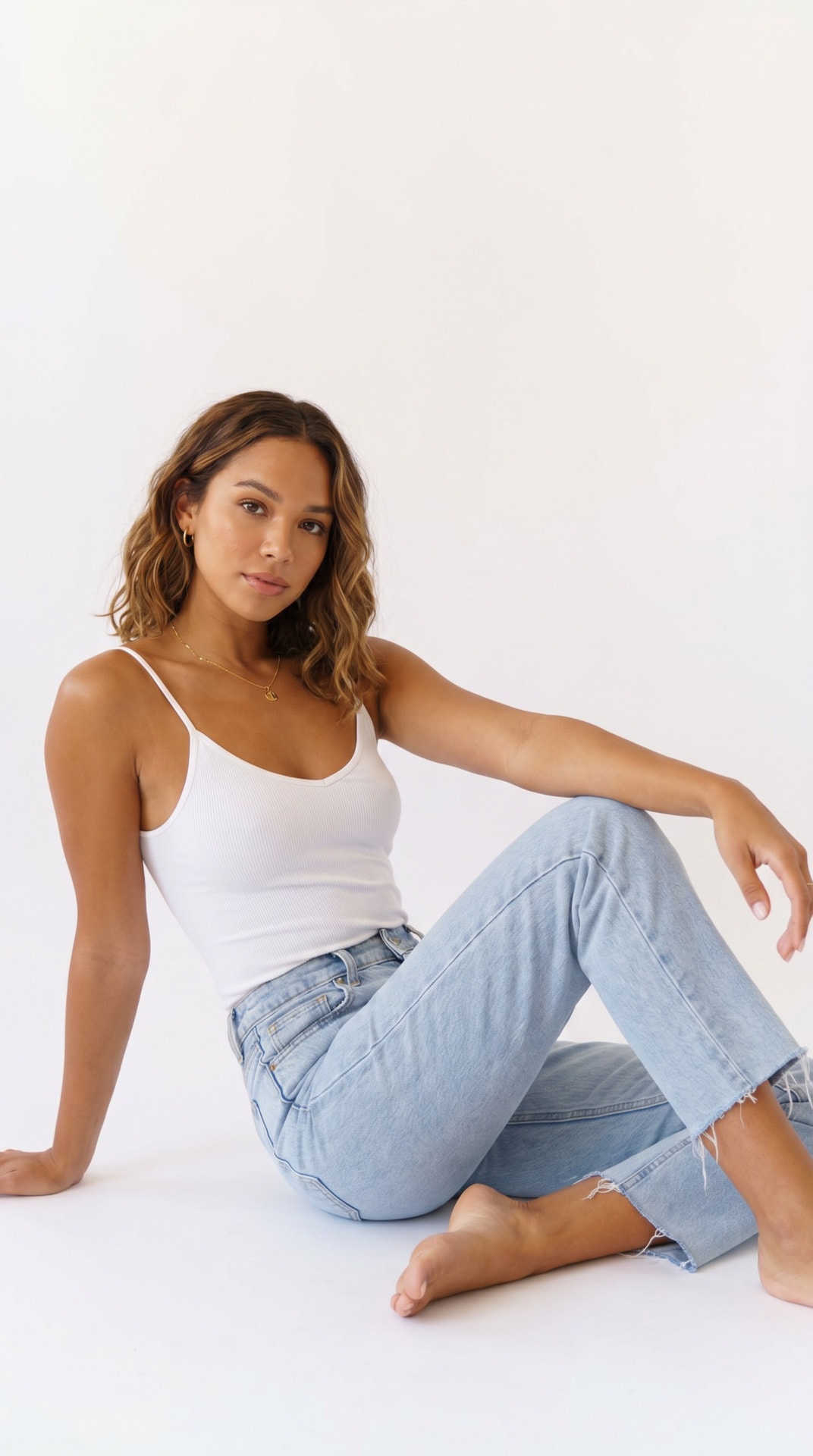 White Tank Light Denim Floor Sit