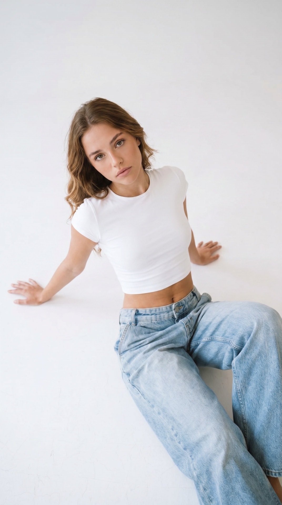 White Tee Baggy Denim Crop Pose